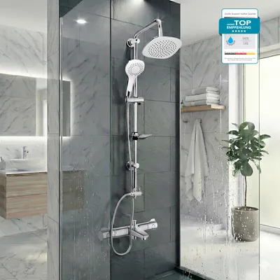 Produktbild von GROHE Duscharmatur Grohtherm 800, Duschsystem mit Wannenarmatur und BELVIT Regendusche, 20 cm Handbrause Weiß & Duschstange, 3 Stahlarten Chrom