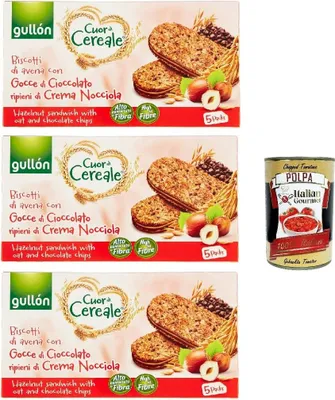Produktbild von Gullón Cuor Di Cereali Con Crema Alla Nocciola,, Kekse mit Hafer- und mit Haselnusscremefüllung, 3x 220g + Italian Gourmet polpa 400g