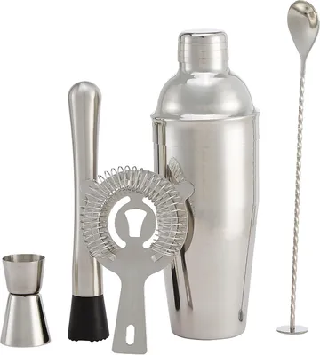 Productafbeelding van Basics Barbestek - Shaker van 710 ml - Zeef - Jigger en muddler - 5-delige set - Roestvrij staal