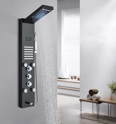 Produktbild von Duschpaneelsystem LED Wasserfall Duschkopf Regenmassagesystem mit Körperdüsen Duschturm Edelstahl-Badezimmer-Duscharmatur mit 6 Funktionen Wandmontage Komplette Duschsäule, Schwarz