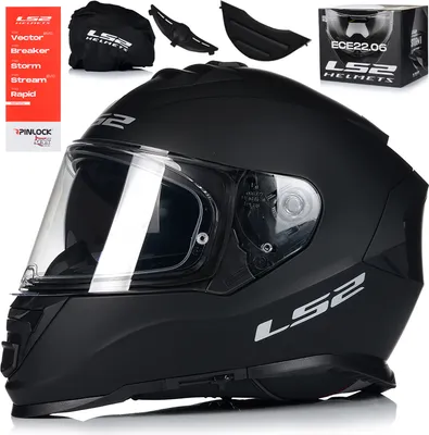 A black LS2 FF800 Storm II Solid helmet is displayed on a white background, with several accessories and packaging elements arranged around it.