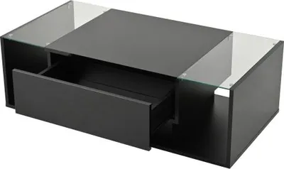 Produktbild von Schwarz Couchtisch 100x50x31cm Kaffeetisch 1 Schublade LED Lichtleiste Beistelltisch Gehaertetes Glas Hochglanz Sofatisch Wohnzimmertisch Minimalistisch