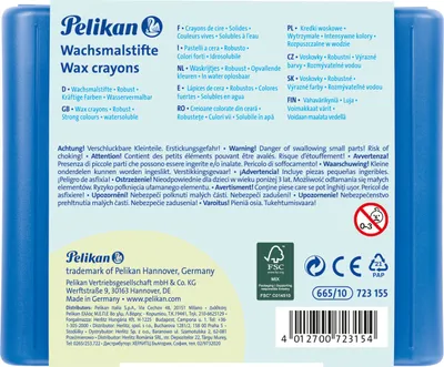 Productafbeelding van Pelikan waskrijtjes, wateroplosbaar, in een kunststof etui met 10 stuks, met schuifmechanisme en schraper