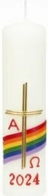 Produktbild von Hausosterkerze, Ostertischkerze 200 x Ø 50 mm Kreuz, Regenbogen mit aktueller Jahreszahl (Wachsauflage)
