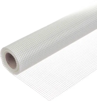 A roll of white fiberglass mesh fabric is shown diagonally against a white background.