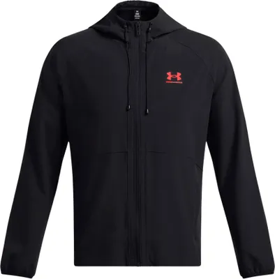 A black Under Armour windbreaker jacket for men.