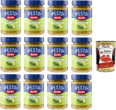 Produktbild von Barilla Pesto Alla Genovese senz'Aglio Condimento e Sugo per Pasta Genueser Pesto ohne Knoblauchgewürz und Nudelsauce 12x190gr + Italian Gourmet polpa 400g