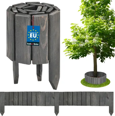 A wooden garden border and a tree surrounded by a similar border.
