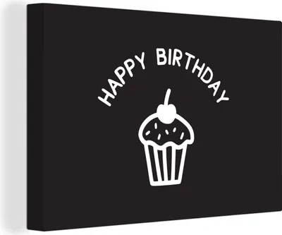 Zdjęcie produktu dla OneMillionCanvasses® - Wydruki na płótnie - 140x90 cm, cytat "Happy Birthday" z babeczką na czarnym tle, grafika ścienna dekoracja ścienna - zdjęcie na płótnie -