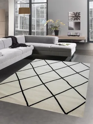 Produktbild von Skandinavischer Teppich Wohnzimmer Rautenmuster Schwarz Creme pflegeleicht Größe - 240 x 340 cm