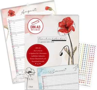 Produktbild von Familienkalender 2026 5 Spalten mit 300 Stickern  - A3 Aquarell Design Familienplaner 2025 XXL  | Familienkalender 2025 6 Spalten für 5 Personen