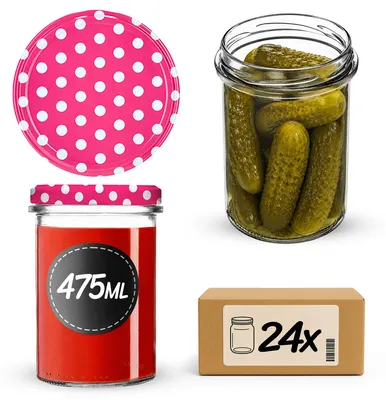 Productafbeelding van KADAX Inmaakpotten, 475 ml, met schroefdeksel (diameter 82 mm), ideaal voor het inmaken van jam, schroefpotten voor het inmaken en n van jam en honing (roze stipjes, 24 stuks)