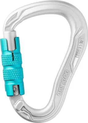 HMS Bullet Triple Karabiner von Edelrid; silber mit türkisfarbener Sicherung; für Klettern geeignet.