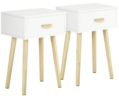 Produktbild von Set aus 2 Nachttischen mit Schublade und Holzbeinen fš¹r Schlafzimmer, Wohnzimmer oder Bš¹ro, 40,5 x 30,5 x 60 cm, wei?