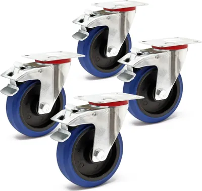 Obrázek produktu pro Sada otočných koleček Wiltec 4x transportní kolečko Ø125mm do 200kg na kolo s plastovým kolečkem, brzdou a montážní deskou, tichý chod, transportní kolečka nábytková kolečka kolečka