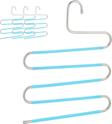 Immagine prodotto di Relaxdays - Appendiabiti multiplo per pantaloni, set da 4 pezzi, a forma di S, 5 barre, antiscivolo, appendiabiti salvaspazio, metallo, argento/azzurro