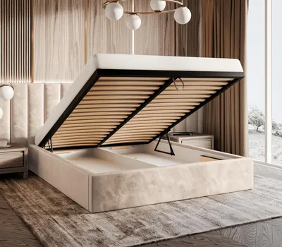 Produktbild von Polsterbett Vilde 200x200 mit Wandpaneelen 300 cm, Bettkasten, Samtbezug Piano 03 Creme, stabile Konstruktion