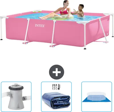 Produktbild von Intex-Schwimmbecken mit rechteckigem Rahmen – 220 x 150 x 60 cm – Rosa – im Lieferumfang enthalten Filterpumpe für Schwimmbad - Sonnensegel - Bodenplane