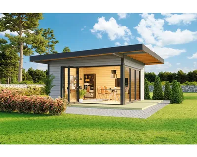 Produktbild von Lasita Maja Gartenhaus / Ferienhaus Domeo 9 Lichtgrau/Anthrazit, Farbe:lichtgrau, Dachform:Pultdach