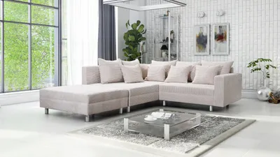 Produktbild von Wohnlandschaft Sofa Couch Ecksofa Eckcouch Cordstoff beige + Hocker Minsk L