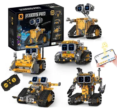 Obrázek produktu pro Dětský technologický robot pro kluky, 5 v 1 Robot Programovatelná stavební hračka s dálkovým ovládáním a aplikací (žlutá, 373 dílků)