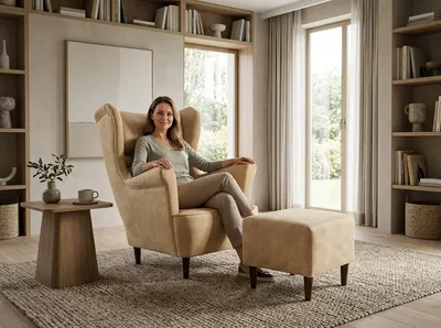 Produktbild von Ohrensessel ZOJA Royal – mit Hocker, Velours in Beige, Family Meble, KI-generiertes Bild