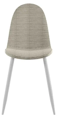 Productafbeelding van Martina-stoel met een beige, beklede zitting en rugleuning met een rattanlook, en witte metalen poten – set van 4