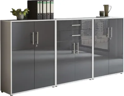 Produktbild von Aktenschrank TABOR 15 in lichtgrau / anthrazit Hochglanz, Schrankwand, Büroschrank, abschließbar, Metallgriffe