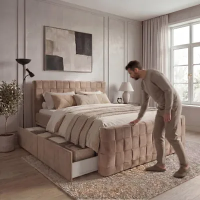 Produktbild von ELVORA DESIGNE Boxspringbett 180x200 cm BOLD mit Bonellfedermatratzen H3 & Topper, 4 Schubladen, Creme