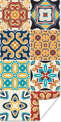 Produktbild von MuchoWow® Poster Blumen - Vintage - Muster - Blau - Orange 80x160 cm - Kinderzimmer
