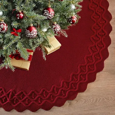 Produktbild von Christbaumrock Weihnachtsbaumrock Christbaumdecke - 90 cm - Rot - Gestrickt, Kabelmuster - Für Weihnachtsbaum