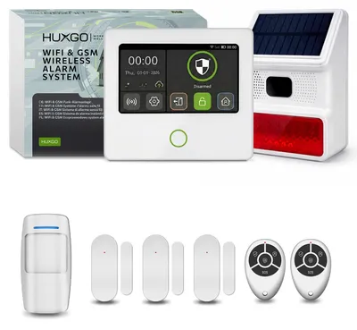 Image de Système d'alarme HUXGO avec Wi-Fi, GSM et 4G, kit comprenant une sirène solaire, 1 détecteur de mouvement et 3 capteurs de porte