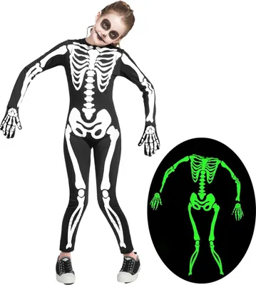 Produktbild von Kinder Skelett Kostüm Glow Halloween Overall Handschuhe 8-10 Jahre