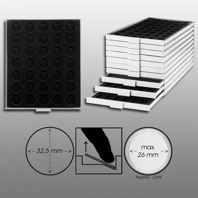 Produktbild von Prophila Collection Münzbox grau 35 runde Fächer für Münzen bis 32,5mm (10-/20-Euro-Gedenkmünzen), schwarz Einlage