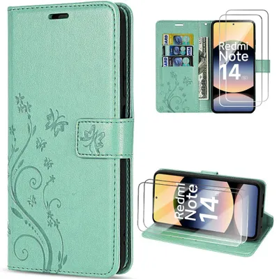 Image de Coque et 2 Verres Trempés pour Xiaomi Redmi Note 14 5G, Protection Synthécuir Relief Floral Artistique Vert