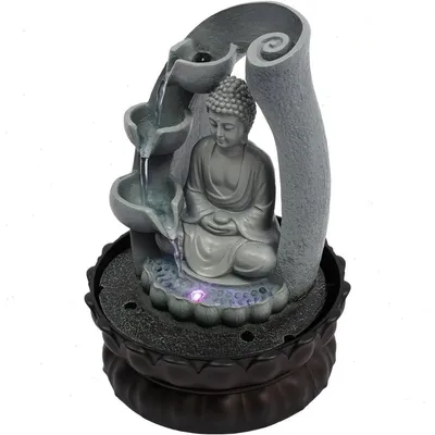 Produktbild von Zimmerbrunnen - Tischbrunnen mit Buddha-Statue - Kunstharz, Leise Pumpe, 21×28 cm, Für Zuhause/Büro - Grau