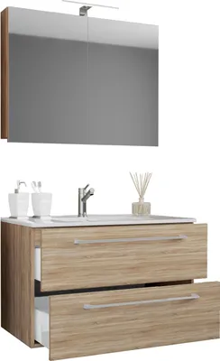 Immagine prodotto di 3 pz. lavabo lavabo | gabinetto lavabo larghezza 80 cm | set mobili bagno appeso con due cassetti armadio a specchio | Badinos