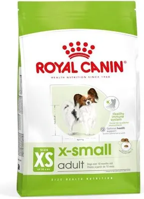 A bag of Royal Canin X-Small adult dog food.