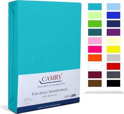 A folded turquoise bedsheet is shown on the left, with a swatch of colors on the right.
