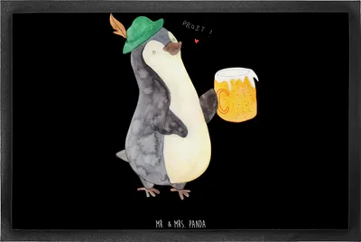 Produktbild von Mr. & Mrs. Panda fußmatte Pinguin Bier 60 x 90 cm - Schwarz - Geschenk, Beschwippst, , Bodenvorleger, Sauberlaufmatte, Feierabend, Schmutzmatte, Gummimatte