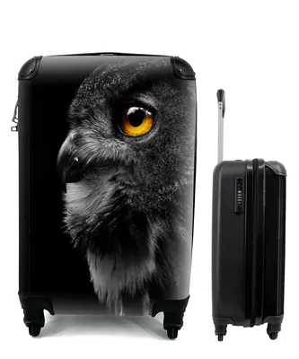 Produktbild von MuchoWow® Koffer Handgepäck Trolley Rollkoffer Kleine Reisekoffer mit 4 Rollen - Eule - Vogel - Schwarz - Porträt - Cabin Size < 55x40x23 cm & 55x40x20 cm - Fotokoffer - Kabinenkoffer - Boardgepäck - Reise-Box - Reisekoffer - Reisegepäck - Koffer mit Bild - Trolley für Kinder