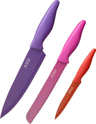 Immagine prodotto di Set di coltelli da cucina - 3 pezzi - Set di coltelli colorati in acciaio inossidabile - Coltelli da cucina affilati con rivestimento colorato