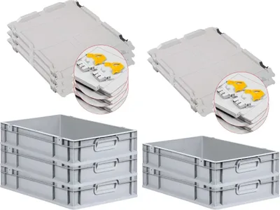 Produktbild von SuperSparSet 5x Eurobox NextGen Economy mit Scharnierdeckel und gelben Schiebeschnappverschlüssen | Griffe geschlossen | HxBxT 12x40x60cm | 23 Liter | Eurobehälter, Transportbox, Transportbehälter, Stapelbehälter