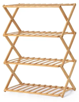 Image de Étagère pliante pour chaussures en bambou, 4 niveaux, couleur bois clair