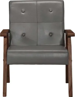 Produktbild von Echtleder Sessel Grau mit Knopfheftung, massives Akazienholz, 61x70x74 cm