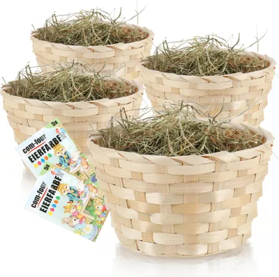 Produktbild von COM-FOUR® 4x Osterkörbchen mit Deko Gras und Eierfarbe - Osterkörbe mit echtem Bergwiesenheu - Bastkorb mit grünem Ostergras als Dekoration zu Ostern