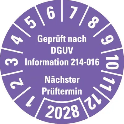 Produktbild von Dreifke® Prüfplakette  DGUV Info. 214-016 NP 2028, violett, Dokufolie,...