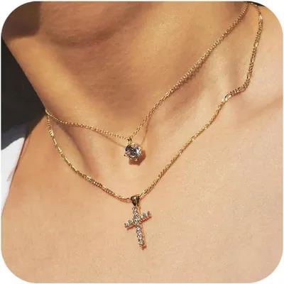 Produktbild von TINGN Kreuz Kette Goldkette Damen 14K Vergoldet Layered Kristall Halskette
