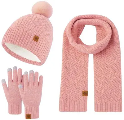 Produktbild von Ultiluxe Winterset für Damen - 3-teilig in Rosa - Geheizte Beanie mit Pompon, Lange Schals und Touchscreen-Handschuhe