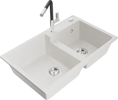 Produktbild von Mexen Tomas 2-Becken-Granitspüle mit Mischbatterie Flora, Weiß - 6516-20-670401-07